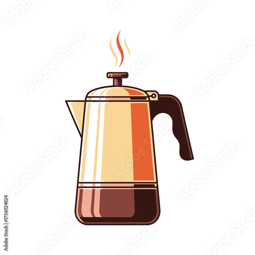 Coffee pot with steam rising, ready to serve.