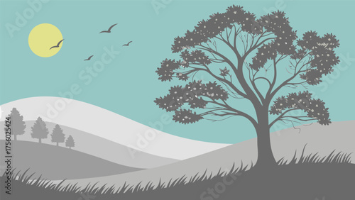 Serene landscape with a solitary tree on rolling hills under a pale yellow sun and a soft blue sky