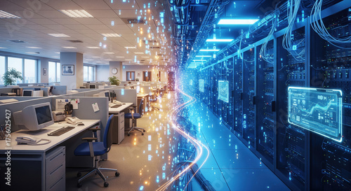 Modern office merging with futuristic data center, concept of digital transformation and artificial intelligence network integration