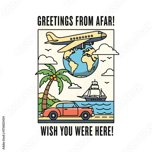 Greetings from afar travel postcard with airplane and car.