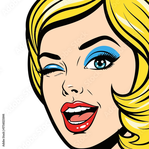 Pop art style woman winking and smiling.