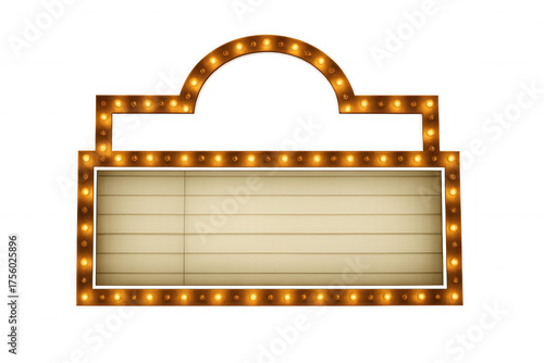 Retro theater marquee showing blank display for text, featuring golden frame with glowing light bulbs, with transparent background