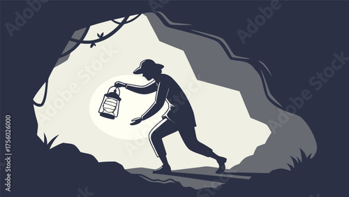Silhouette of a person with a lantern exploring a dark cave entrance with light shining through