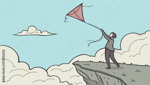 Person standing on a cliff edge flying a kite against a cloudy sky symbolizing freedom and aspiration