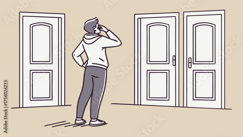 Person standing in front of multiple doors making a difficult decision or choice