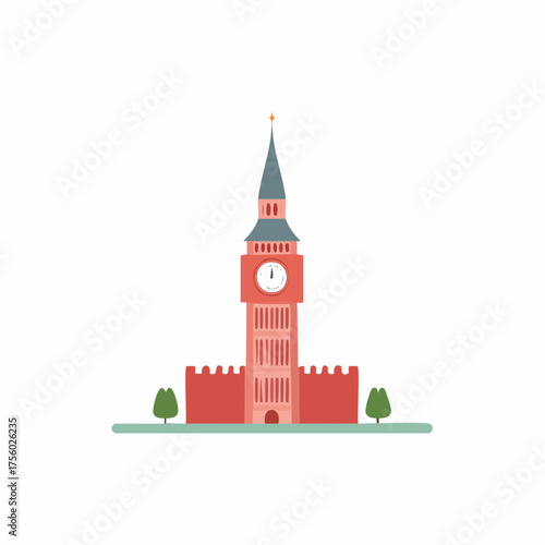 Cartoon Illustration of Famous Clock Tower Landmark, Symbolic Representation