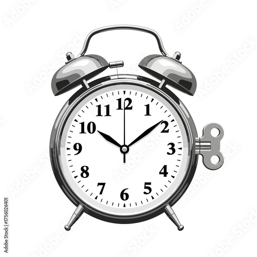 Vintage alarm clock showing time, silver metal design.
