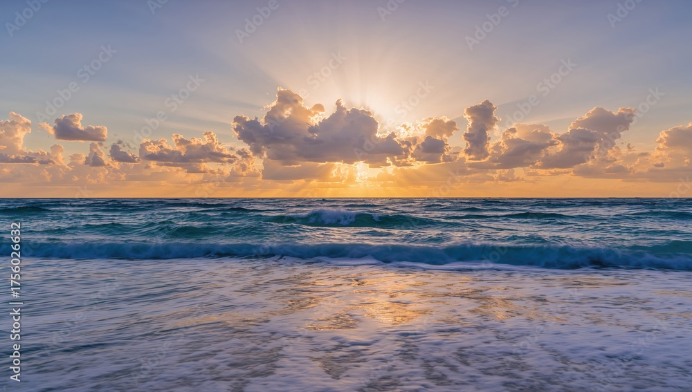 Obraz premium Extended Exposure Ocean Scene Featuring Sun, Clouds, and Glittering Water
