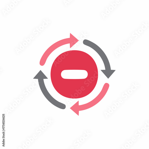Red minus symbol in center of rotating circular arrows representing deletion decline or negative feedback loop