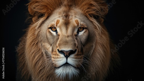 A majestic male lion with a dark backdrop