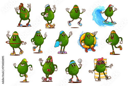 Cartoon groovy avocado characters doing sport and beach activities. Funny retro hippie fruit food vector personages of groovy green avocados running, swimming and sunbathing with sunglasses, surfboard