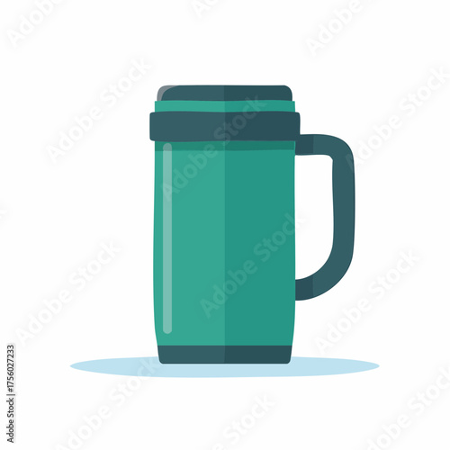 Teal insulated travel mug with handle and lid, simple flat illustration