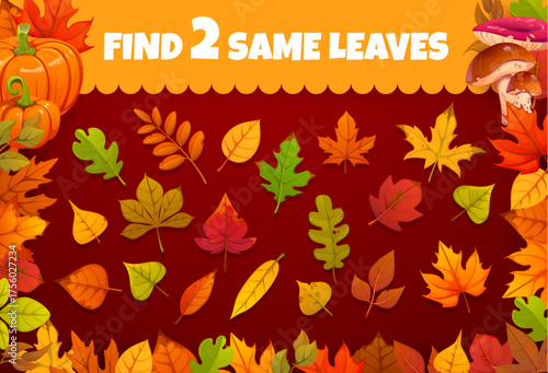 Kids educational quiz game with the task to find two same autumn fall orange, yellow, green and red leaves combined with pumpkins and forest mushrooms. Cartoon vector game worksheet, puzzle, challenge
