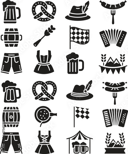 Oktoberfest Silhouette Vector Set – Beer, Pretzel, and Sausage Icons for Festival, Pub, and Celebration 