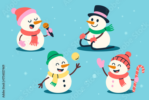 Joyful snowman characters singing and having fun