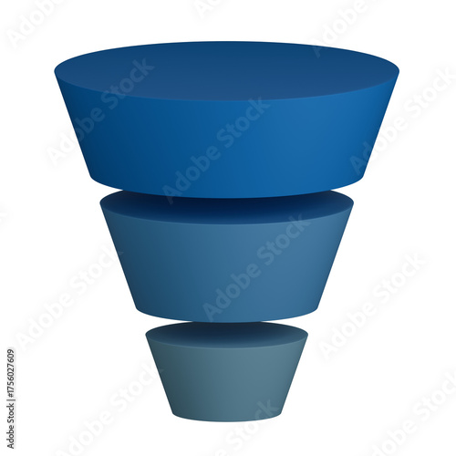 3D blue funnel chart element representing sales and marketing process or business conversion stages transparent background isolated render