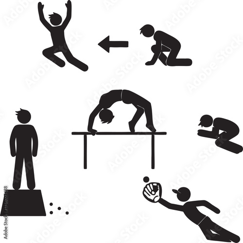 Stick Figure Sports Clipart: Gymnastics, Baseball, Jumping, and Balance Beam Illustration for Athletic Activities and Training