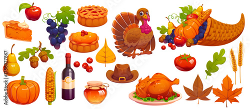 Happy Thanksgiving Day autumn harvest food and turkey character, vector fall feast holiday set. Cartoon autumn leaves, Thanksgiving dinner roast turkey, ripe fruit and vegetables in harvest cornucopia