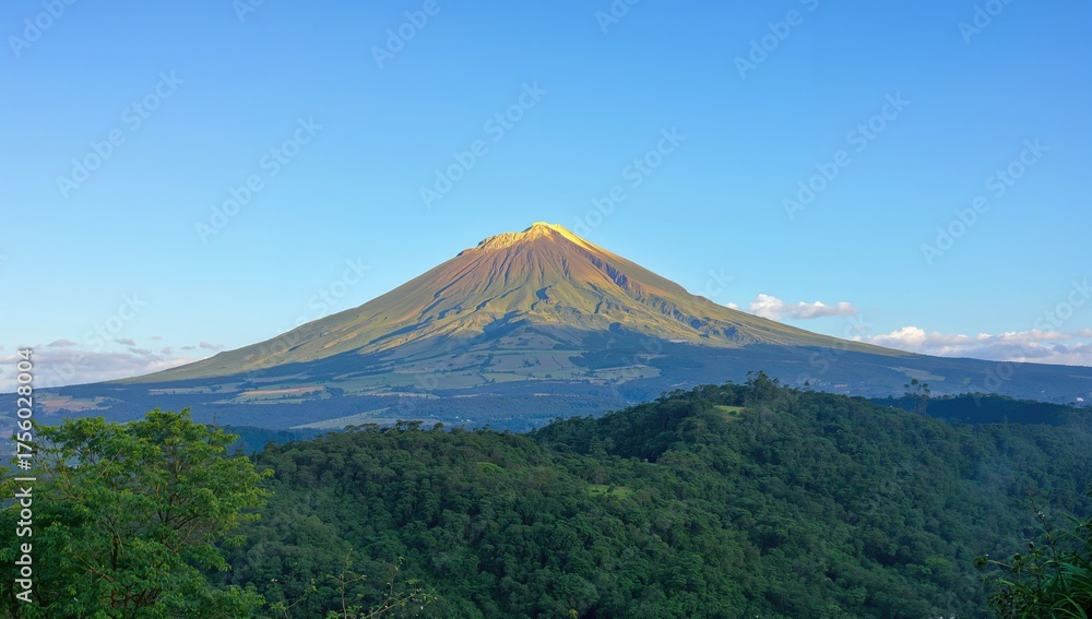 Fototapeta premium Majestic Sumbing summit glowing yellow under early sunlight