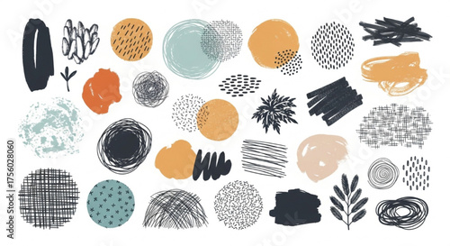 Abstract graphic design shapes with scribbles, strokes, and dots in black, teal, orange and beige