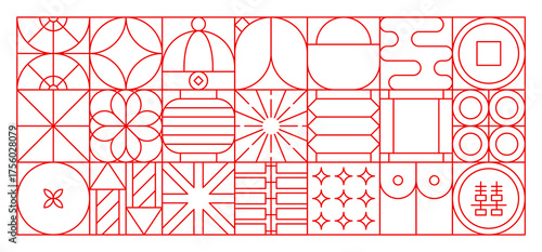 Chinese lunar new year abstract geometric pattern represents celebration and tradition. Vector tile background with traditional Asian lucky symbols, coins, lanterns, sun, flowers in red linear grid