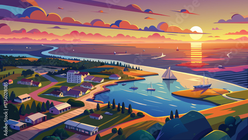 Very beautiful aerial view of Mobile Bay at sunset in April, where golden sunlight reflects on calm coastal waters, highlighting serene patterns of nature and southern Alabama’s tranquil shoreline.