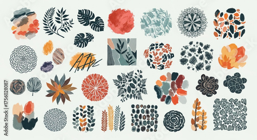 Collection of abstract organic shapes, botanical patterns, and artistic watercolor textures for modern design projects