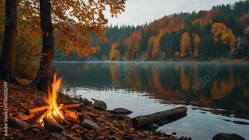 Campfire on a quiet lakeshore with mist and reflections of a colorful autumn forest under an overcast sky.