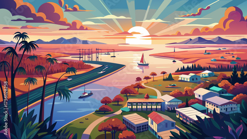 Very beautiful aerial view of Mobile Bay at sunset in April, where golden sunlight reflects on calm coastal waters, highlighting serene patterns of nature and southern Alabama’s tranquil shoreline.