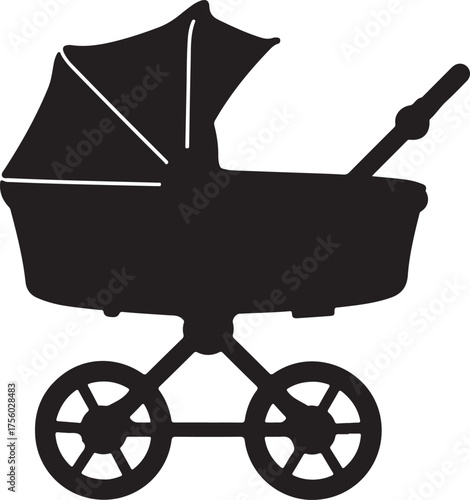 Baby Carriage Black Silhouette Vector, Stroller Icon & Newborn Design Art