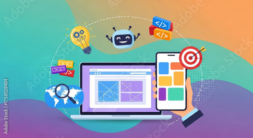 Holistic Digital Development Concept UI/UX, Web & Mobile Apps, AI, and SEO Optimization for Business Growth