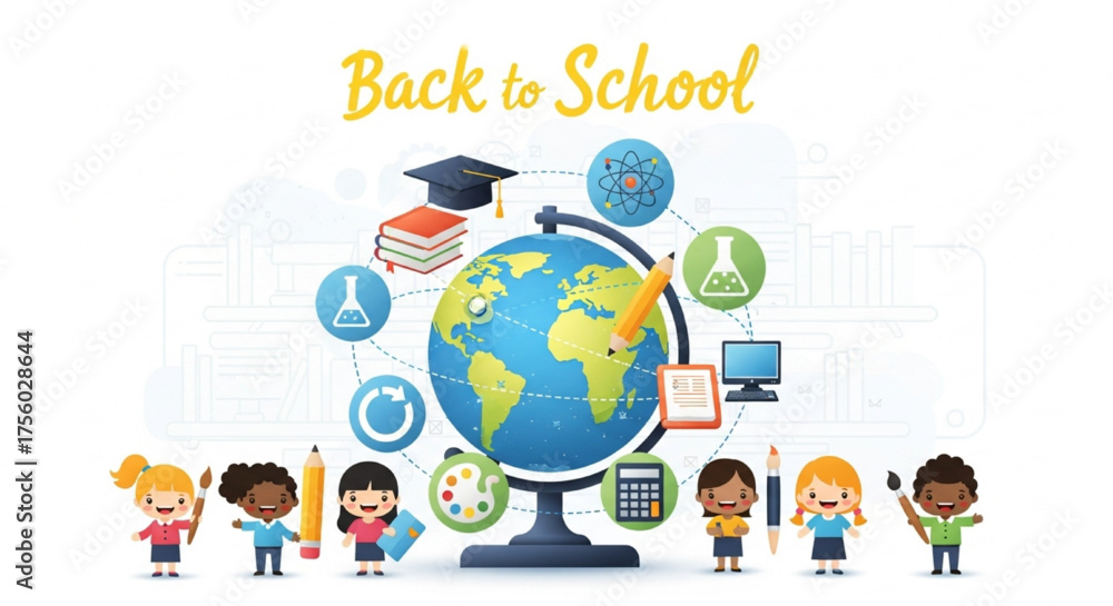 Fototapeta premium Back to School Concept with Diverse Children and Educational Elements
