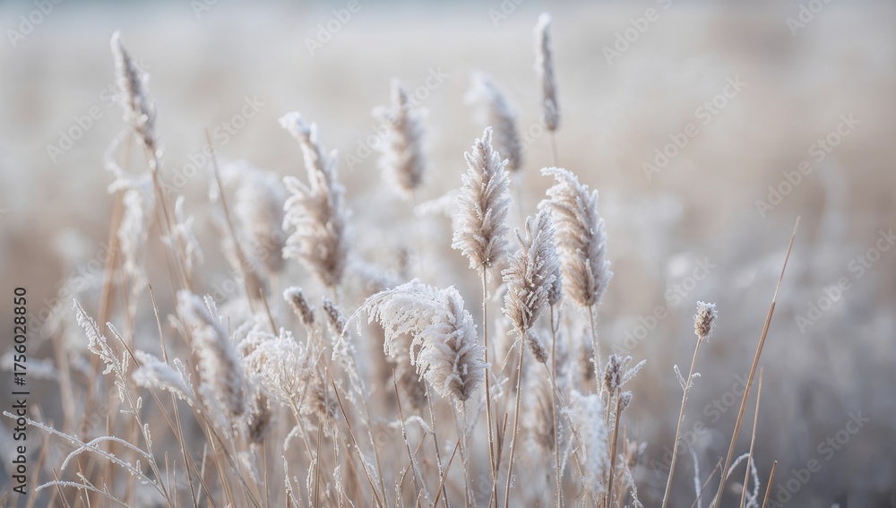 Fototapeta premium Soft plant-themed abstract background featuring frosted pampas grass and floral elements with a blurred bokeh effect in boho style. Ice crystal patterns and nature observation.