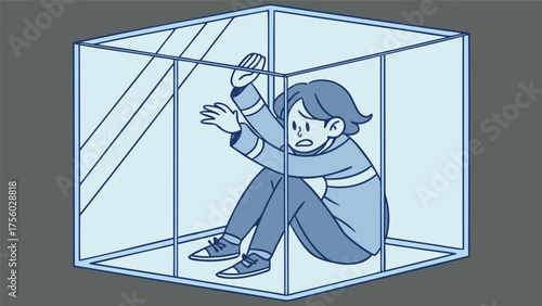 Young person trapped inside a transparent cube feeling scared and anxious with hands pressed against the glass