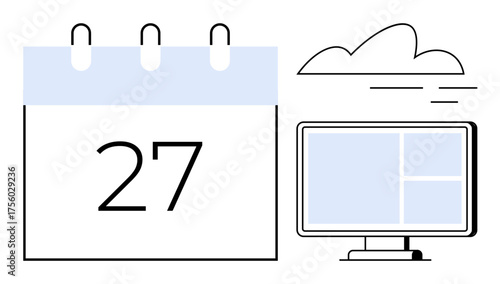 Large calendar page with date 27, computer monitor displaying window layout, and stylized cloud. Ideal for planning, scheduling, teamwork, technology, organization, time management productivity