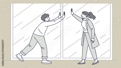 Two people giving each other a high five through a large window representing connection and distance