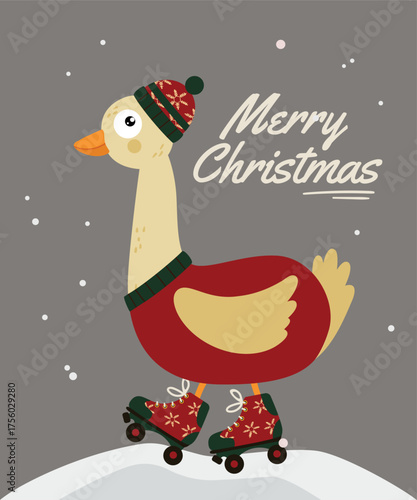 Merry Christmas  Illustration with a Duck Wearing a Sweater, Hat, and Roller Skates
