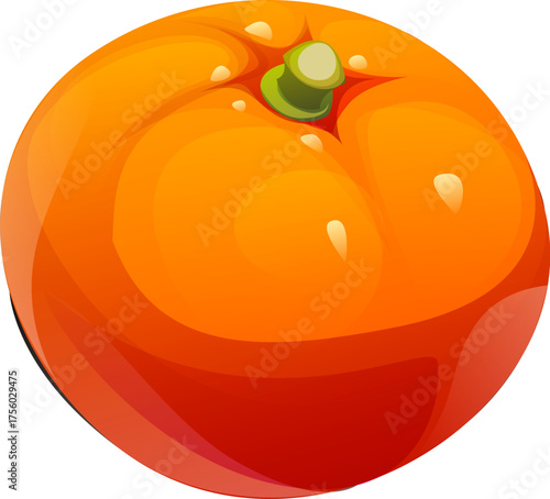 Cartoon raw ripe persimmon fruit. Isolated vector glossy, orange fruit with a green stem and smooth succulent texture. Healthy dessert, tropical plant, juicy, fresh and appetizing meal