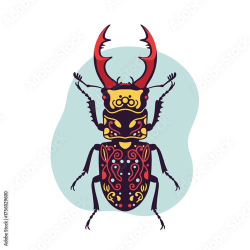 Intricately decorated stag beetle illustration with colorful tribal patterns and large red mandibles.
