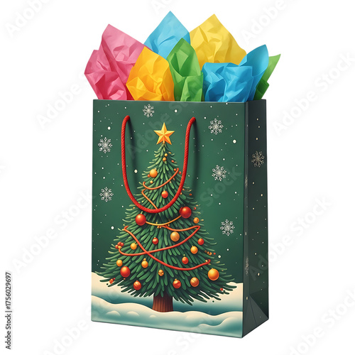 Dark green Christmas gift bag with decorated tree and colorful tissue paper isolated on transparent background