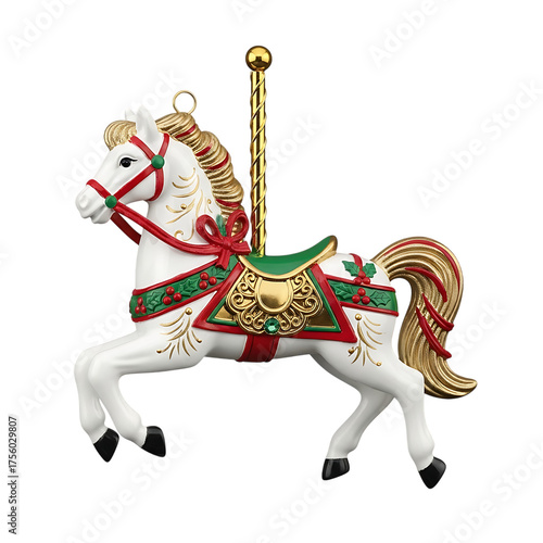 Festive prancing carousel pony ornament decorated with holly bows gold trim and red reins isolated on transparent background