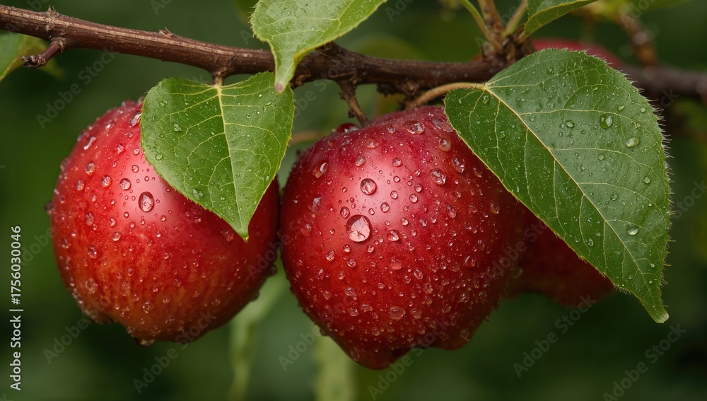 Obraz premium Detailed view of fresh red apples covered in water drops on a leafy branch