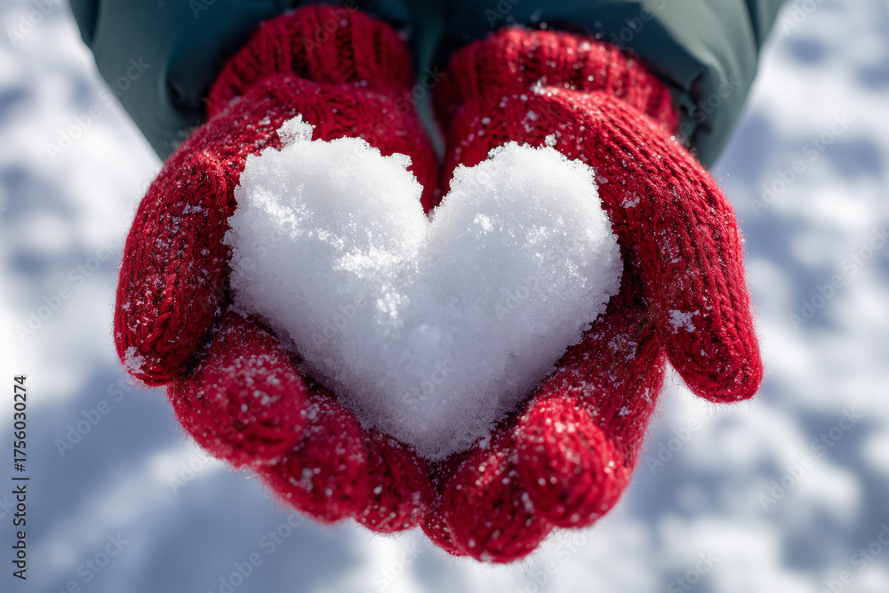Fototapeta premium Heart-shaped snowball in hands wearing red knitted gloves