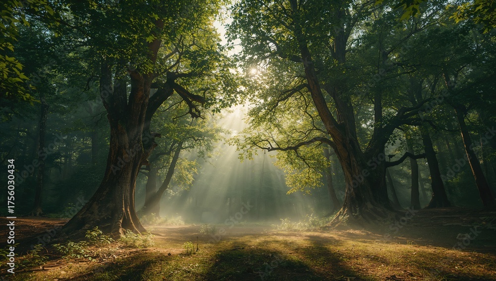 Fototapeta premium A foggy dawn in a forest clearing