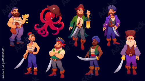 Cartoon medieval pirate and corsair characters with captain hats, swords and treasure gold. Funny pirate captain, sailor, skipper and boatswain vector characters wearing corsair costumes with swords