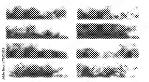 Set of distressed black halftone textures arranged horizontally presents a retro comic book style aesthetic with grainy dot patterns and uneven edges over a white background