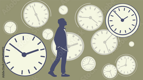 Silhouette of a man walking through a surreal landscape of numerous clocks representing the passage of time