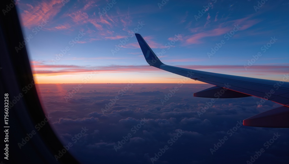 Fototapeta premium View from an airplane window showing the wing during sunset