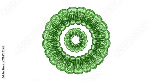 Abstract microscopic view of single-celled cyanobacteria forming concentric green rings on a black background, representing biological life and scientific concepts.