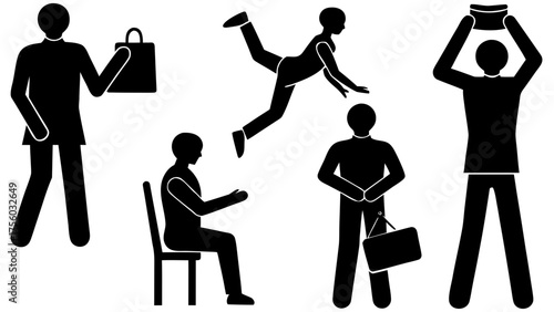 Black and white silhouette figures showing different activities and poses
